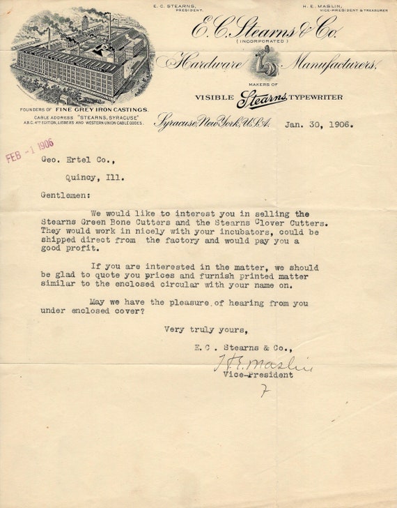 1906 STEARNS TYPEWRITER LETTERHEAD Antique Illustr