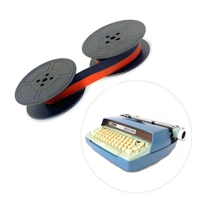 May include: A photograph shows a vintage typewriter ribbon and a blue typewriter. The ribbon is black and red. The typewriter is blue with cream-coloured keys and a wooden accent.