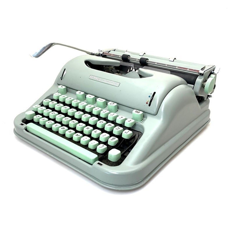 1963 Hermes 3000 Typewriter w/Case Working Seafoam Green Pica Portable Vtg image 1