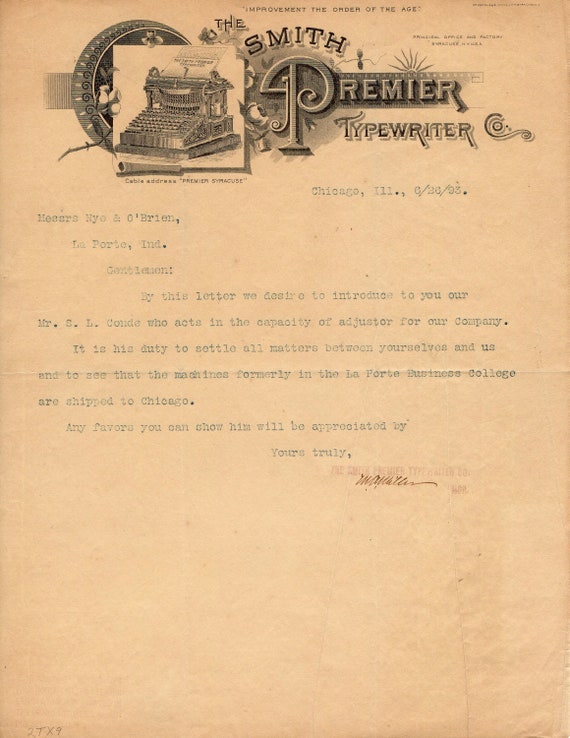 1893 SMITH PREMIER No.1 TYPEWRITER Letterhead Anti