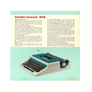 Underwood 315 Typewriter Instruction Card Manual Antique Vtg Olivetti