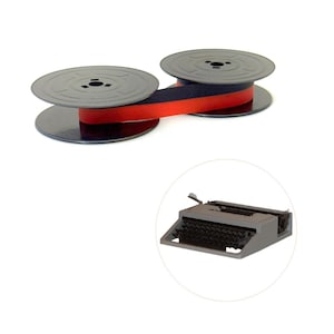 May include: Two black typewriter ribbon spools with red and black ribbon, and a small gray typewriter. The ribbon spools are on a white background. The typewriter is in a white circle.