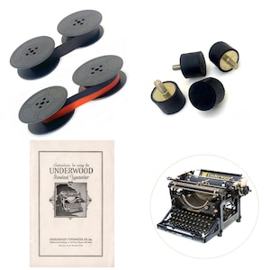 May include: A collection of vintage typewriter accessories, including black ink ribbons, rubber feet with metal screws, a manual, and a black Underwood Standard typewriter. The manual reads "Instructions for using the Underwood Standard Typewriter."