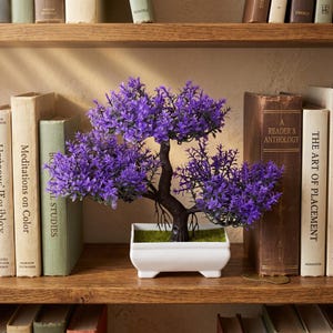 Paarse bonsaiboom | Kunstbonsaiplant | Nepbonsaiboom | Lavendel zen decor | Bonsaipot | Boho plantendecoratie | Geen onderhoud