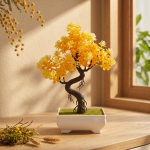 Yellow Bonsai Tree | Artificial Bonsai Plant | Fake Bonsai Tree | Mimosa Cascade Decor | Bonsai Pot | Realistic Bonsai | No Maintenance