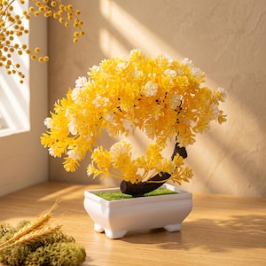 Gult bonsaiträd | Konstgjord bonsaiväxt | Falskt bonsaiträd | Mimosa vårdekor | Bonsai-kruka | Köksväxtdekor | Inget underhåll