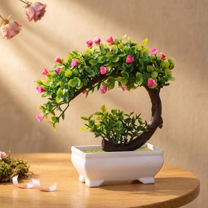Bonsaiboom rozen | Kunstbonsaiplant | Nepbonsaiboom | Romantisch Sakura-decor | Bonsaipot | Roze plantendecoratie | Geen onderhoud