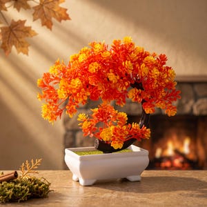 Bonsai de Outono | Planta Bonsai Artificial | Bonsai Falsa | Decoração de Outono com Bordo | Vaso para Bonsai | Decoração com Planta Laranja | Sem Manutenção