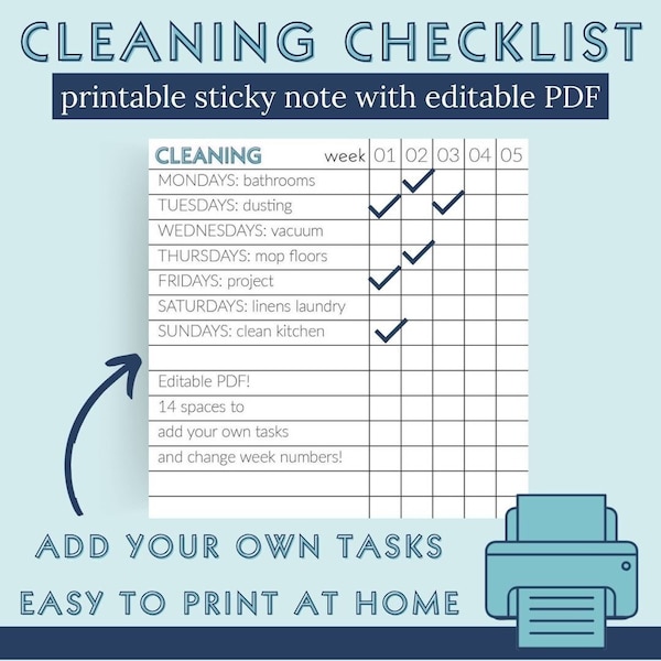 Printable Sticky Notes Clean House Checklist Print at Home Editable PDF Download Weekly Repeating Cleaning Tasks Simple Functional Planners