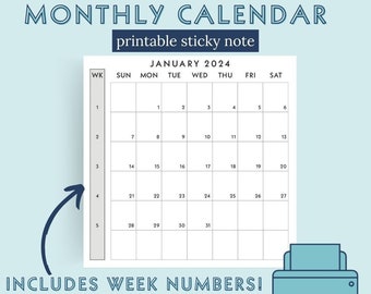 2024 SUNDAY Start Printable Sticky Notes Monthly Calendars Print at Home PDF Download includes Week Numbers for Simple Functional Planning