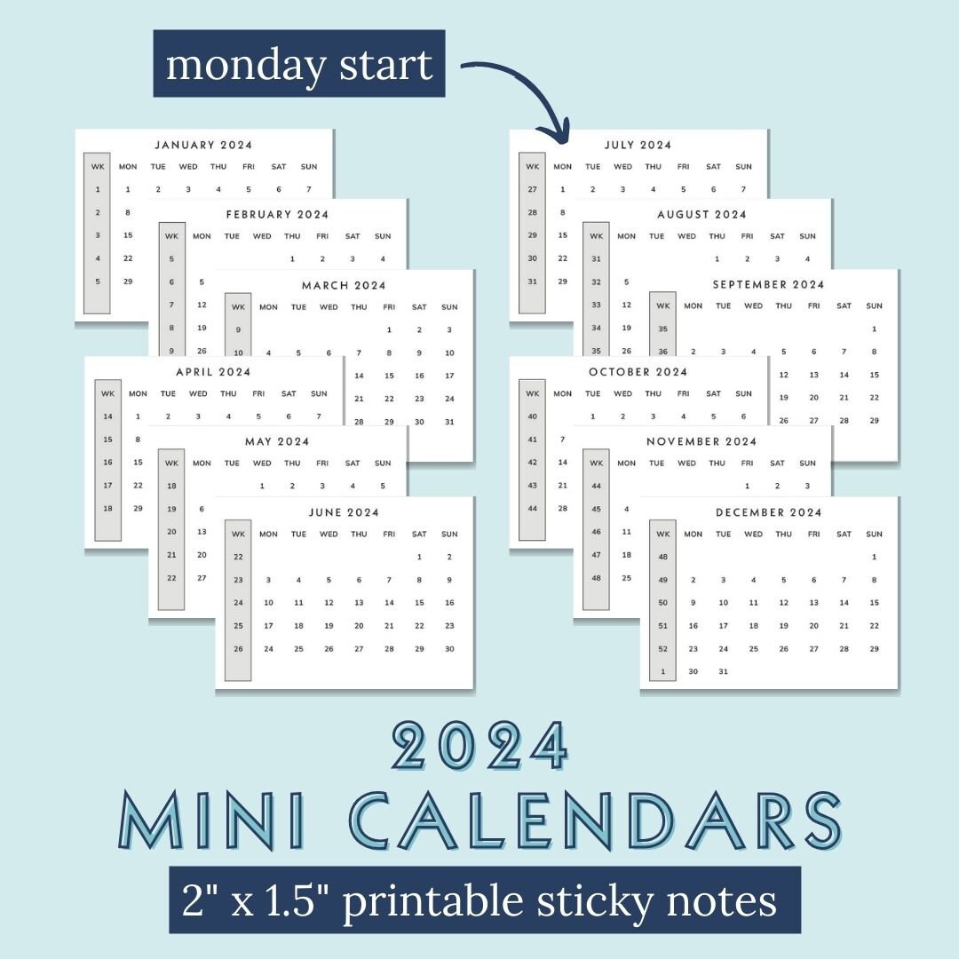 Mini Monthly Calendars 2024 MONDAY Start Printable Sticky Notes Print ...