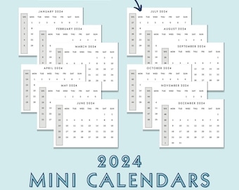 Mini Monthly Calendars 2024 MONDAY Start Printable Sticky Notes Print at Home PDF Download includes Week Numbers and Year at a Glance