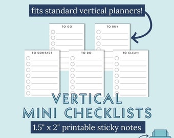 Printable Sticky Notes Mini Vertical Checklist To Do Go Contact Buy Clean Print at Home PDF Download 1.5" Fits Erin Condren Standard Columns