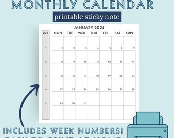 2024 MONDAY Start Printable Sticky Notes Monthly Calendars Print at Home PDF Download includes Week Numbers for Simple Functional Planning