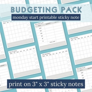 Printable Sticky Notes for budgeting to track spending and bills. 6 designs with Monday start monthly trackers, including a teller slip for bank withdrawls for cash envelopes.