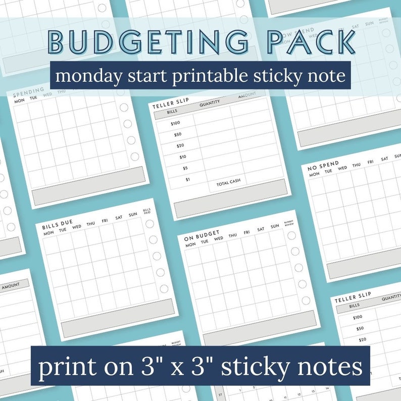 Printable Sticky Notes for budgeting to track spending and bills. 6 designs with Monday start monthly trackers, including a teller slip for bank withdrawls for cash envelopes.