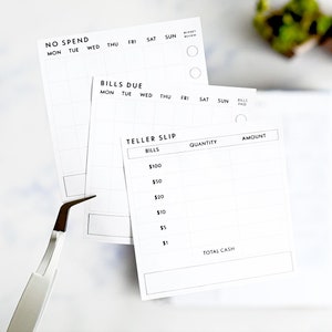 Printable Sticky Notes for budgeting to track spending and bills. 6 designs with Monday start monthly trackers, including a teller slip for bank withdrawls for cash envelopes.