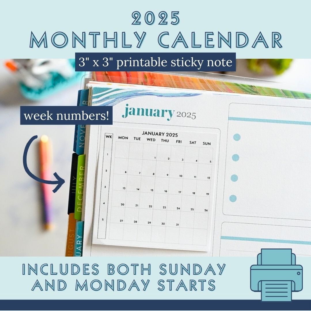 2025-monthly-calendars-printable-sticky-notes-pdf-download-includes-sunday-and-monday-start-and-week-numbers-for-simple-functional-planning-etsy