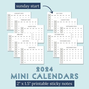 Mini Monthly Calendars 2024 SUNDAY Start Printable Sticky Notes Print at Home PDF Download includes Week Numbers and Year at a Glance image 1