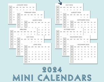 Mini Monthly Calendars 2024 SUNDAY Start Printable Sticky Notes Print at Home PDF Download includes Week Numbers and Year at a Glance