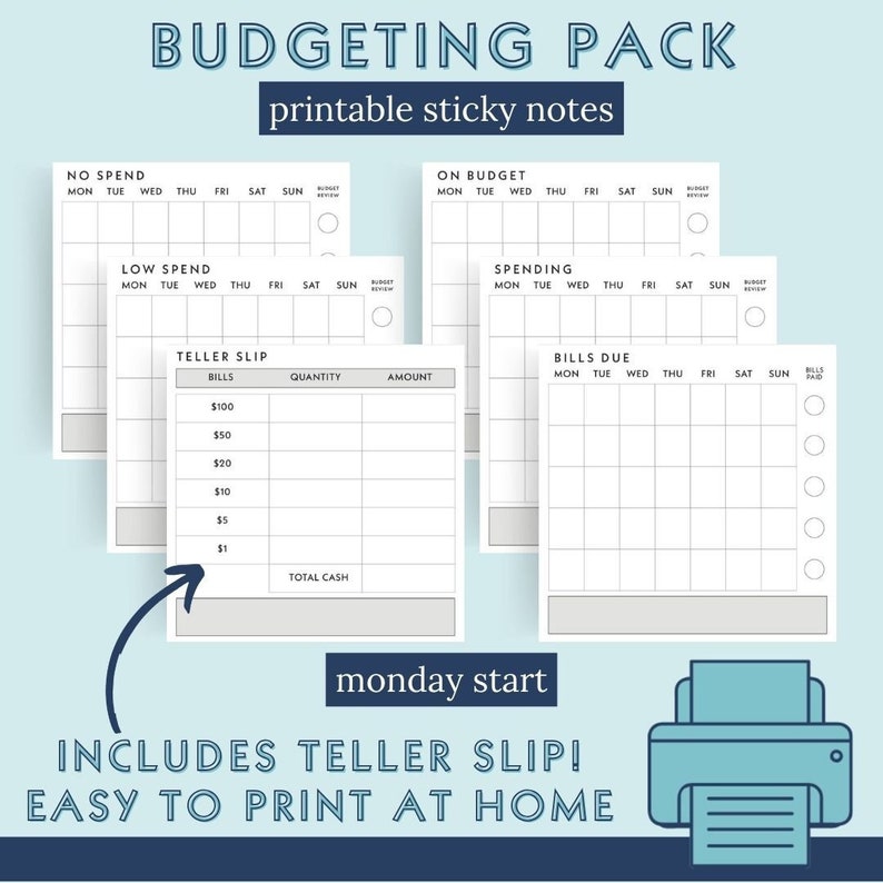 Printable Sticky Notes for budgeting to track spending and bills. 6 designs with Monday start monthly trackers, including a teller slip for bank withdrawls for cash envelopes.