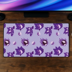 Gengar Pattern Mouse Pad, Cute Purple Ghost Gaming Mouse Pad, Anime Desk Mat, Repeating Print XXL Desk Mat, Pastel Purple Gaming Decor