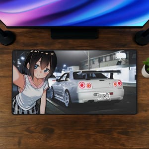 JDM anime meisje muismat, Skyline R34 gaming bureaumat, Japanse auto anime mousepad, drift bureaumat, autoliefhebber cadeau