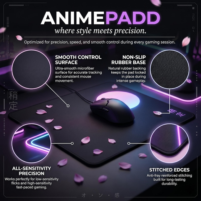 Op de afbeelding: Zwarte gaming muismat met de tekst "ANIMEPADD" en de slogan "where style meets precision." Kenmerken zijn een gladde oppervlakte, een antislip rubberen basis, all-sensitivity precisie en gestikte randen. De mat is versierd met roze bloemblaadjes.
