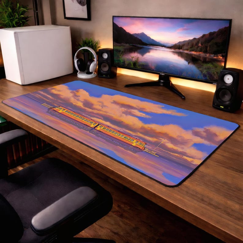 Op de afbeelding: Een rechthoekige bureaumat met een levendige illustratie van een gele en oranje trein tegen een achtergrond van een zonsonderganghemel met wolken. De mat ligt op een houten bureau, met een computermonitor, luidsprekers en andere kantooraccessoires.