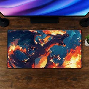 Alfombrilla de ratón Charizard, tapete de escritorio Dragón de Fuego, alfombrilla de ratón para juegos con criatura de fuego, regalo para gamers estilo anime, tapete de escritorio XXL