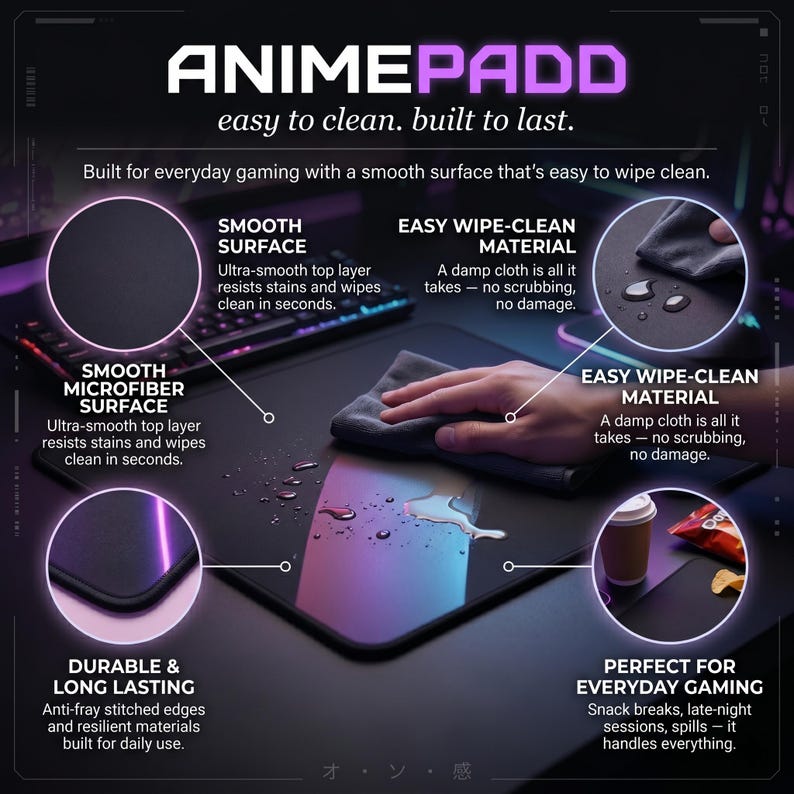 Op de afbeelding: Zwart gamingmuismat met de tekst "ANIME PADD" en de slogan "easy to clean. built to last." De muismat heeft een glad oppervlak, is gemakkelijk schoon te maken en is duurzaam. Het is ontworpen voor dagelijks gamen.