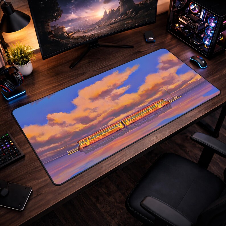 Op de afbeelding: Een rechthoekige bureaumat met een illustratie van een trein op een reflecterend oppervlak onder een lucht met oranje en roze wolken. De mat is ontworpen voor onder een toetsenbord en muis, en is ongeveer 80 cm lang.