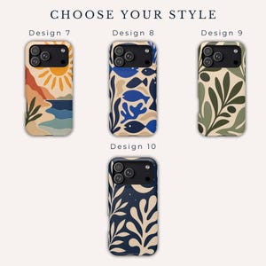 May include: Four phone cases labeled Design 7 through 10, each featuring a unique graphic print. Design 7 shows a sun and landscape, Design 8 displays blue fish and coral, Design 9 features green leaves, and Design 10 shows white foliage on a dark blue background.