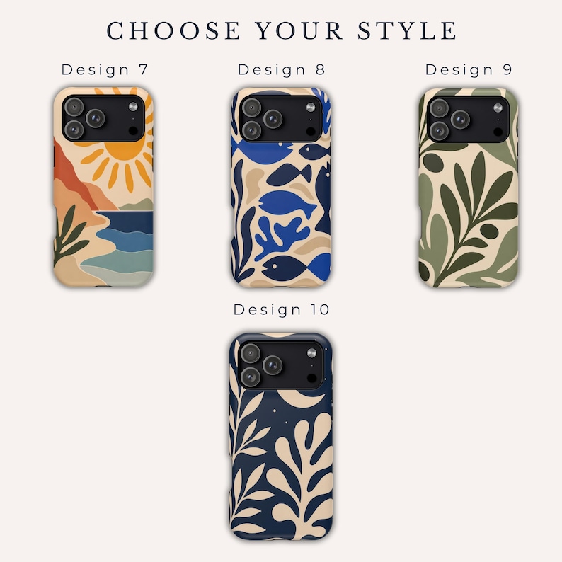 May include: Four phone cases labeled Design 7 through 10, each featuring a unique graphic print. Design 7 shows a sun and landscape, Design 8 displays blue fish and coral, Design 9 features green leaves, and Design 10 shows white foliage on a dark blue background.