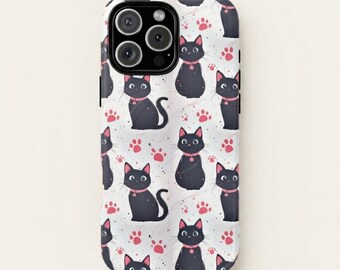 Pink Halloween Cat Phone Case, Cute Black Kitty, Spooky Kawaii iPhone Tough Case