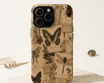 Insect Phone Case, Vintage Butterfly & Beetle Case, Dark Academia Botanical Art