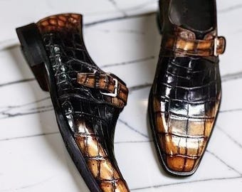 Handmade Men Shaded Tan and Black Crocodile Texture Leather Buckle Shoes