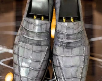 Handmade mens shaded Grey crocodile dress shoes, slip on moccasin shoes for men