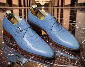 Buy Men's Handmade Formal Shoes, Blue Ostrich Textured Leather Monk Strap Shoes