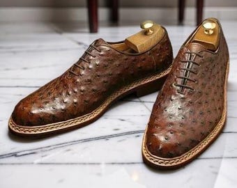 New Handmade Mens Formal Business Comfortable Ostrich Print Oxford Lace Up Shoes