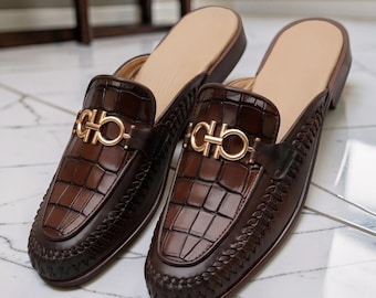 Handmade Men Alligator Leather Mules Brown Crocodile Loafer Slides Dress Shoes