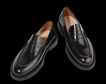 Handgemaakte gepolijste zwarte leren schoenen heren schort teen Penny loafers instappers