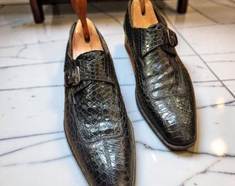 Men’s Black Single Monk Strap Dress Crocodile Texture Leather Office Shoes