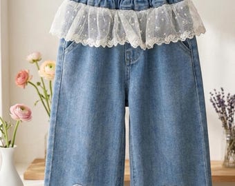 Kids Girls Lace Denim Jeans with Bow Embroidery - Wide Leg Kids Pants