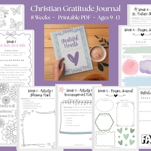 May include: A Christian gratitude journal for ages 9-13, featuring 8 weeks of printable PDF pages. The journal includes prompts for reflection, prayer, and activities. The cover has the words "Grateful Hearts" and a purple heart.