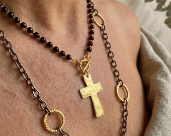 Stacked Bead Cross Shaped Ring Pendant Necklace