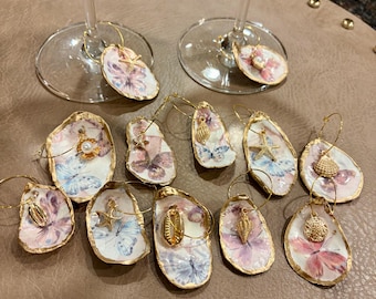 Set of 12 Oyster Shell Butterfly and Sea Wine Glass Charms