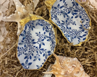 Hand Crafted Oyster Shell Ring Dish | Blue White Floral Decor, Gold Trim | Bulk wedding bridal favors | Option to Monogram