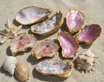 Hand-Crafted Oyster Shell Ring Dish | Shades of Pink | Floral Butterfly Decor, Option to Monogram