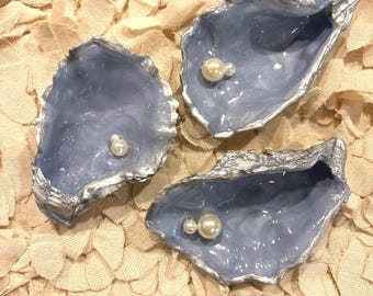 Hand-Painted Oyster Shell Ring Dish | Blue Jewelry Holder, Bulk Wedding, bridal baby shower favors, Option to Monogram
